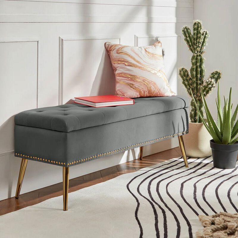 Mid-Century Modern Bed Storage Bench with Velvet Seat