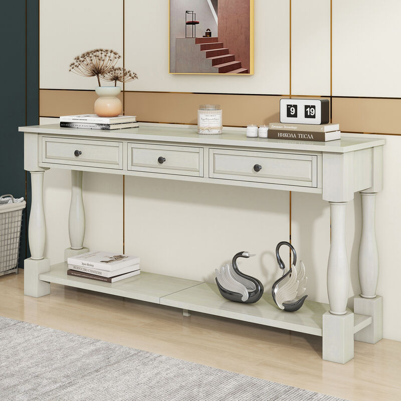 Whisen 63" Mediterranean Console Table with 3 Drawers & Shelf, Solid Wood, Entryway Table for Living Room Hallway image number 4
