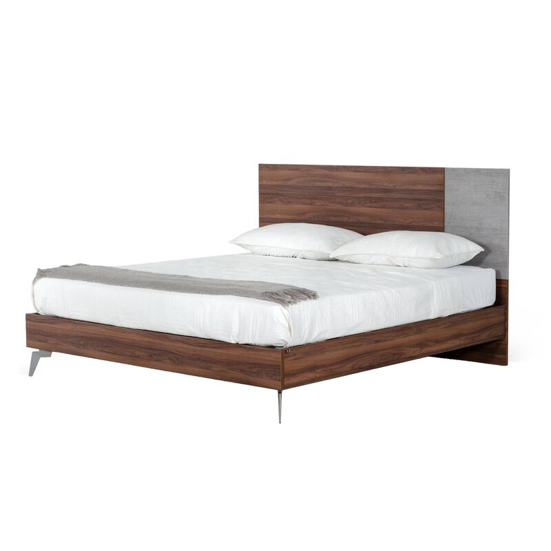 Leen King Size Bed with Tall Headboard, Italian Faux Concrete, Brown - Benzara image number 2
