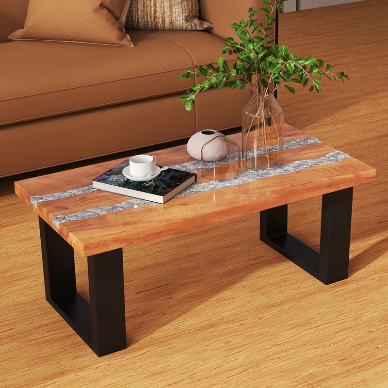 Teak Wood Coffee Table with River Feel Epoxy Tabletop For Living Room