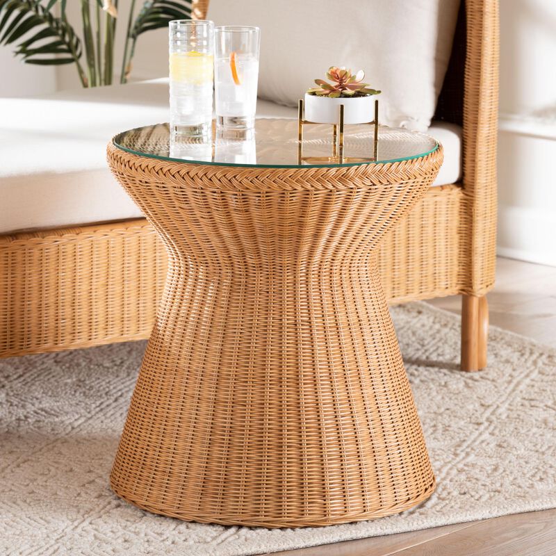 bali & pari Nina Bohemian Light Honey Braided Rattan End Table with Glass Tabletop