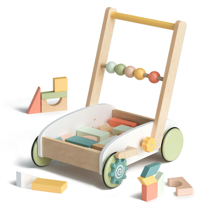 Wooden Baby Walker with Building Blocks, Push Toys for Babies Learning to Walk