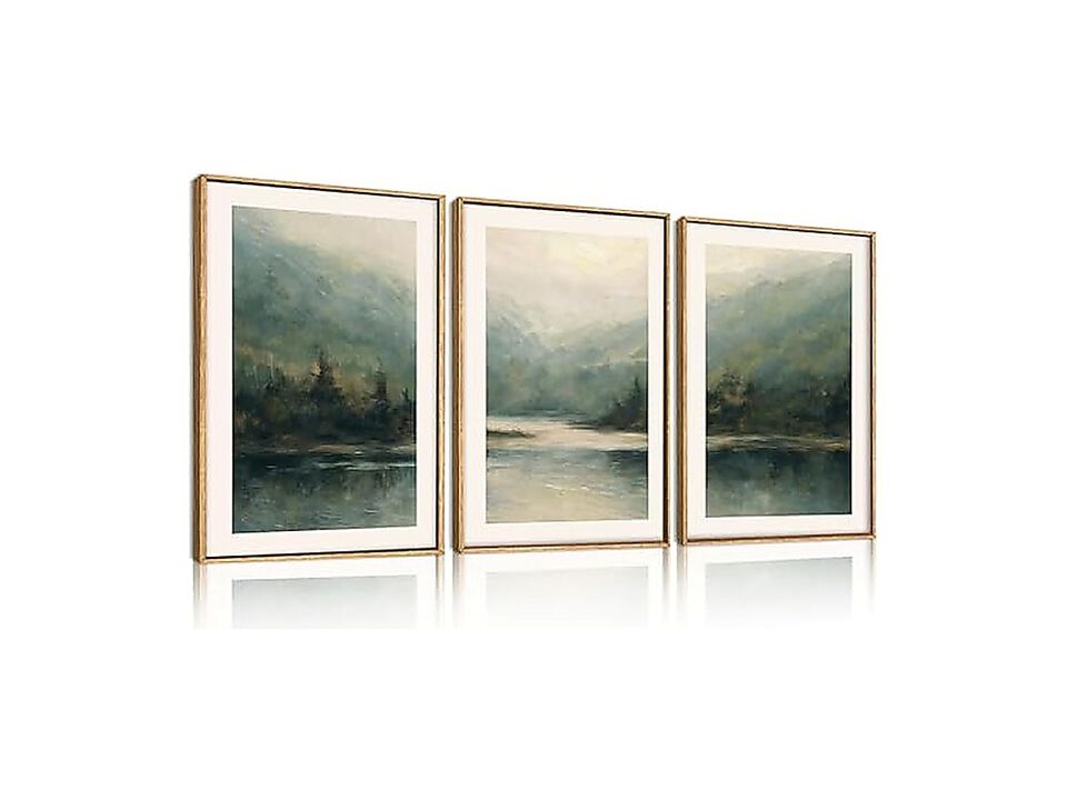 Large Watercolor Green Forest Mountain Framed Canvas Wall Art Set Abstract Pine