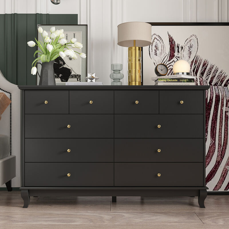 Black 10-Drawers Wood Double Chest of Drawer 55.1 in. W x 15.7 in. D x 35.4 in. H Dresser Organizer