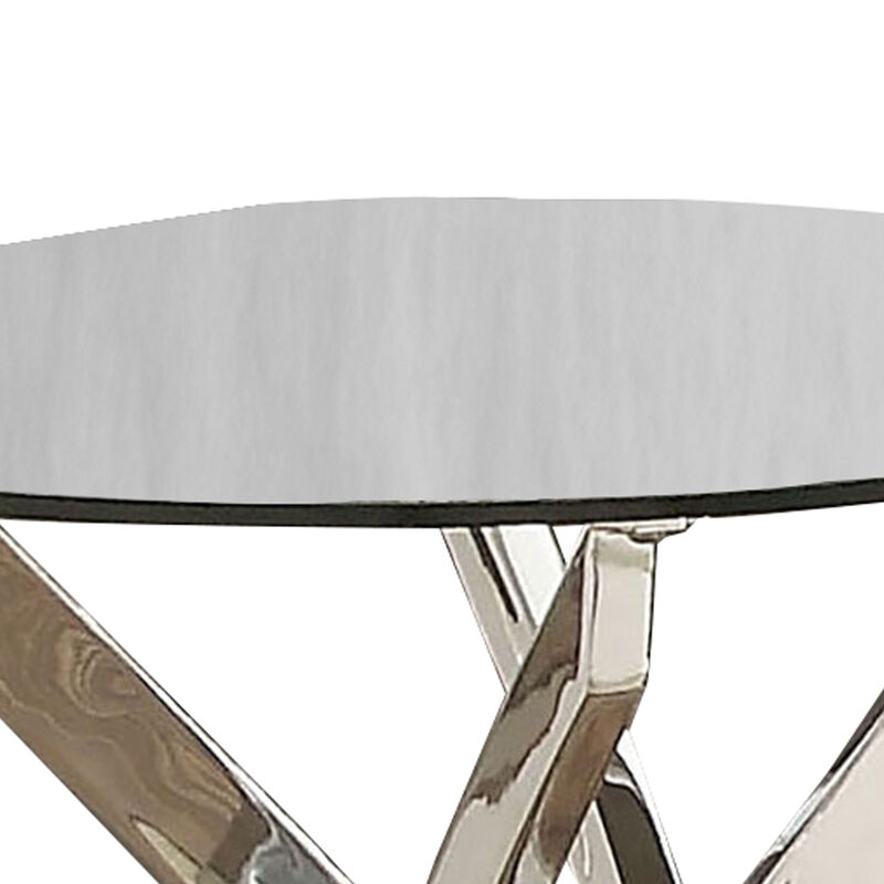 Round Glass Top End Table with Criss Cross Metal Base, Silver-Benzara