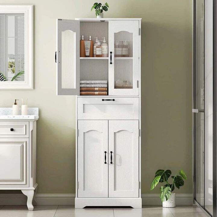 Freestanding Bathroom Floor Cabinet with Reeded Glass Door Design-White