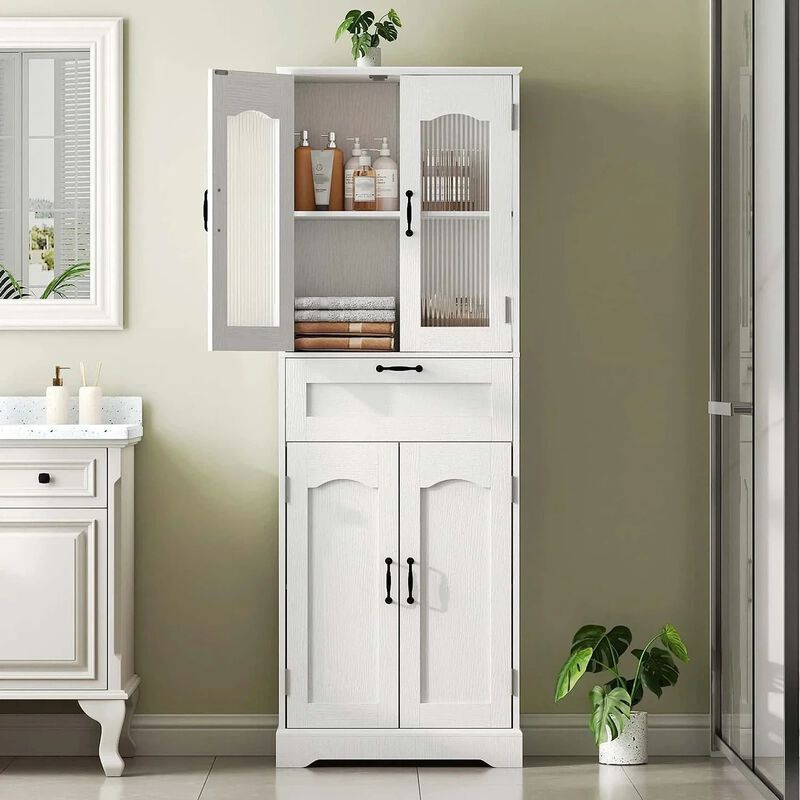 Freestanding Bathroom Floor Cabinet with Reeded Glass Door Design-White image number 1