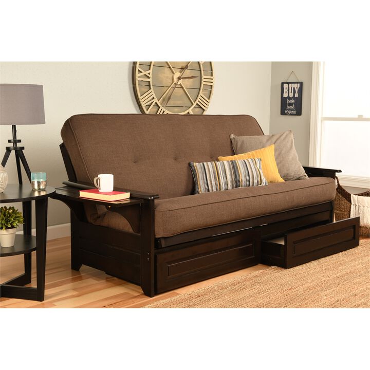 Phoenix Frame-Espresso Finish-Linen Cocoa Mattress-Storage Drawers