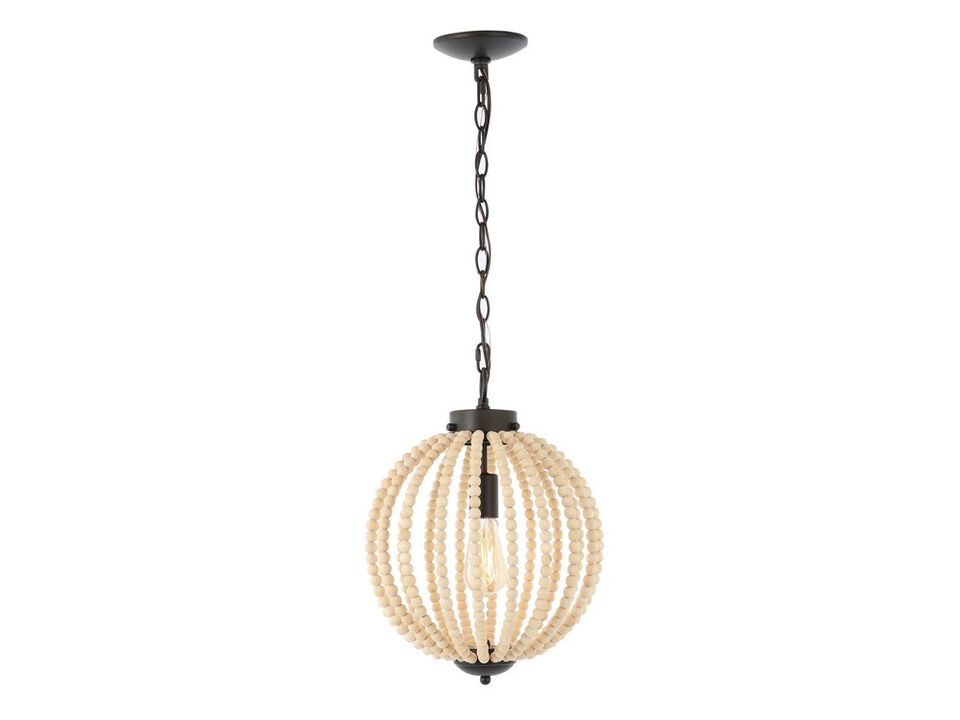 Abril 12.5" 1-Light Rustic Bohemian Iron/Wood Bead LED Pendant, Oil Rubbed Bronze/Brown