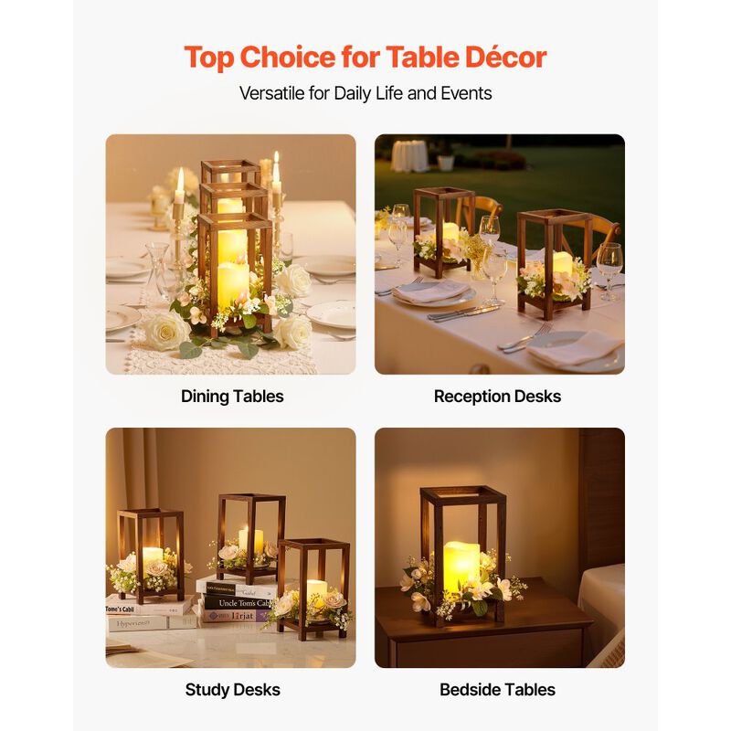 60-Piece Wedding Table Centerpiece Kit with Wooden Lanterns, LED Candles and Wreaths-Brown image number 3