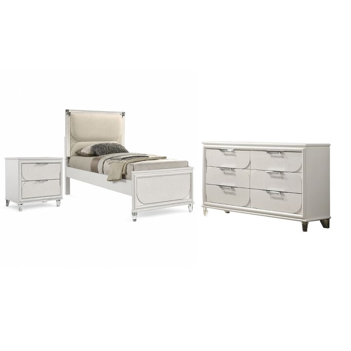 Full Bedroom Set, Pearl White and Clear, 3 Piece Set with Dresser and Nightstand