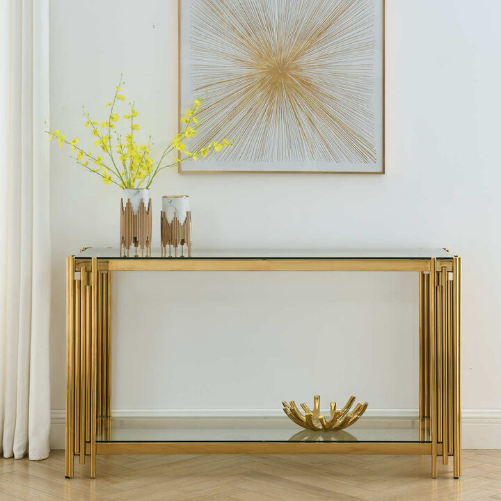 Modern Glass Console Table, 55" Gold Sofa Table with Sturdy Metal Frame and Clear Tempered Glass Top, for Living Room Entryway Bedroom, Gold Finish