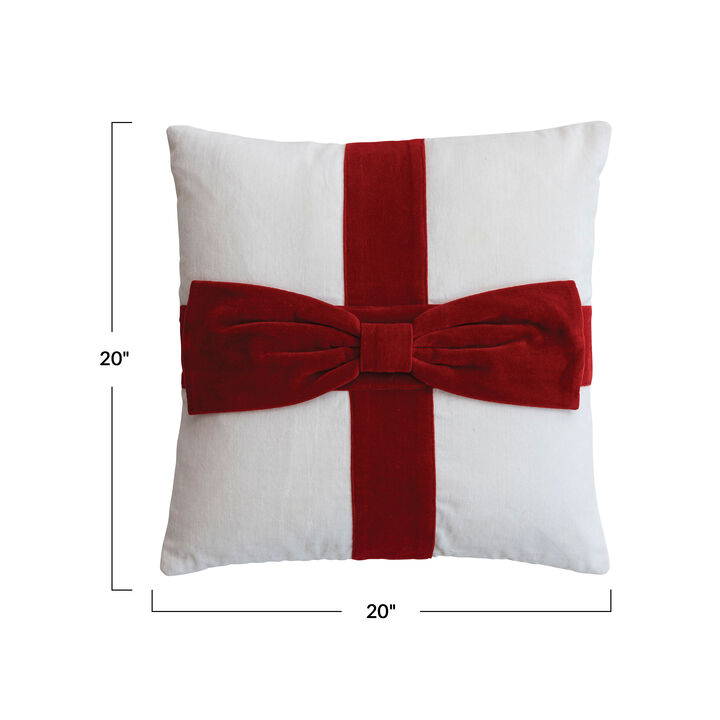Cotton Velvet Pillow with Artisan Bow, Red & White