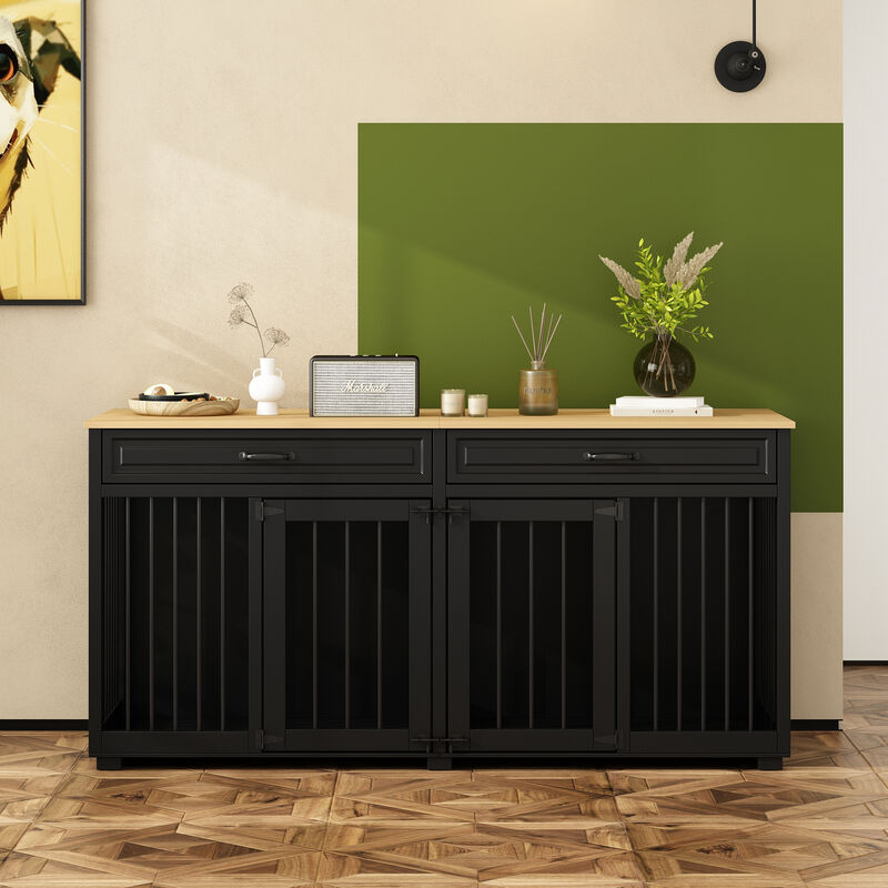 Large Dog Crate Furniture, 64.6 in. Wooden Dog Crate Kennel with 2 Drawers and Divider for Medium or 2 Small Dogs, Black image number 1