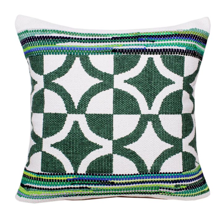 20" Green and White Bordered Diamond Mosaic Square Throw Pillow