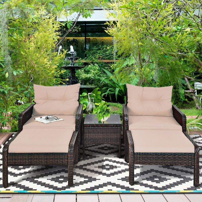 5 Pieces Patio Rattan Sofa Ottoman Furniture Set with Cushions