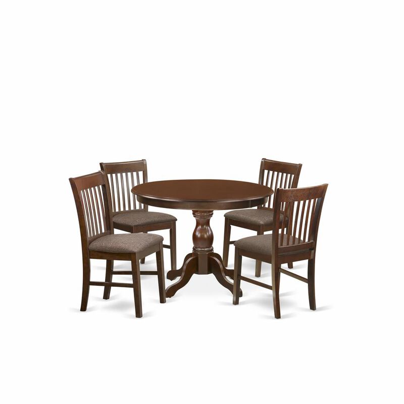 East West Furniture HBNF5-MAH-C 5 Piece Kitchen Table Set - Mahogany Wood Table and 4 Mahogany Linen Fabric Kitchen Chairs with Slatted Back - Mahogany Finish