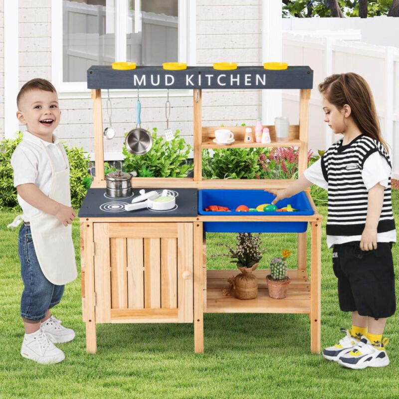 Hivvago Outdoor Mud Kids Kitchen Playset Wooden Pretend Play Toy with Kitchenware