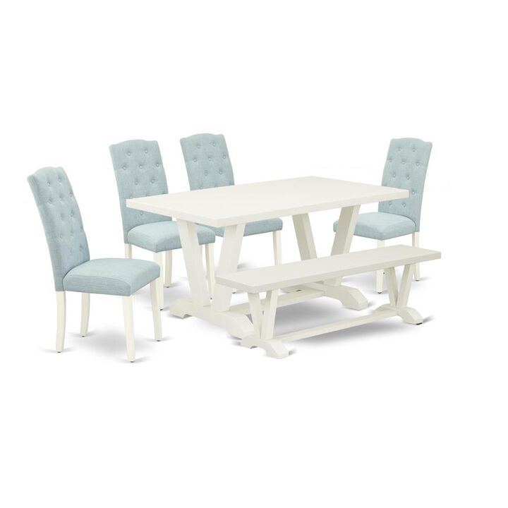 East West Furniture 6-Pc Dining Room Set- 4 Padded Parson Chairs with Baby Blue Linen Fabric Seat and Button Tufted Chair Back - Rectangular Top & Wooden Legs Dining Room Table and Kitchen Bench - Lin