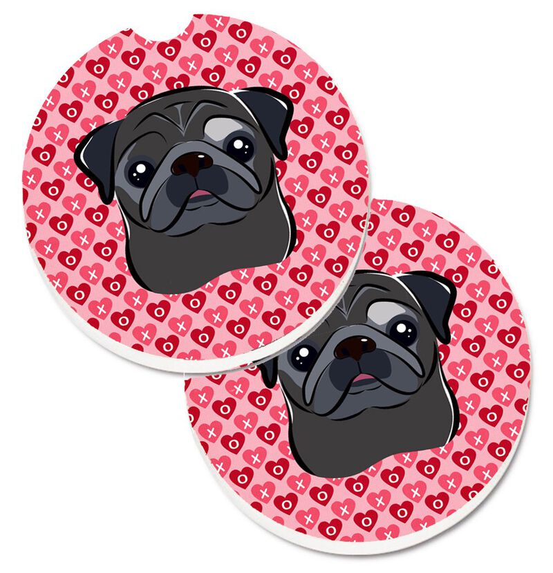 Caroline's Treasures black Pug Hearts Set of 2 Cup Holder Car Coasters, 2.56, Multicolor