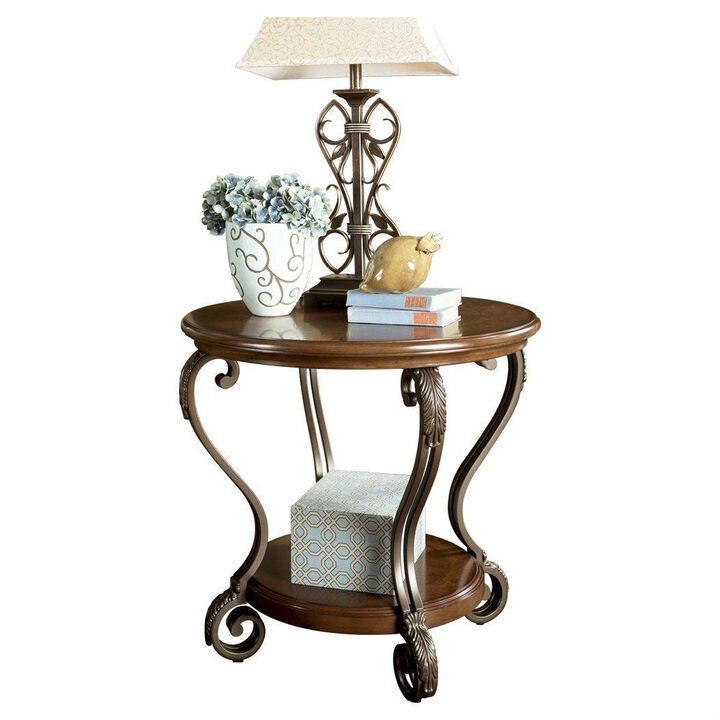 Hivvago Accent End Table Nightstand in Brown Wood with Scrolling Metal Legs