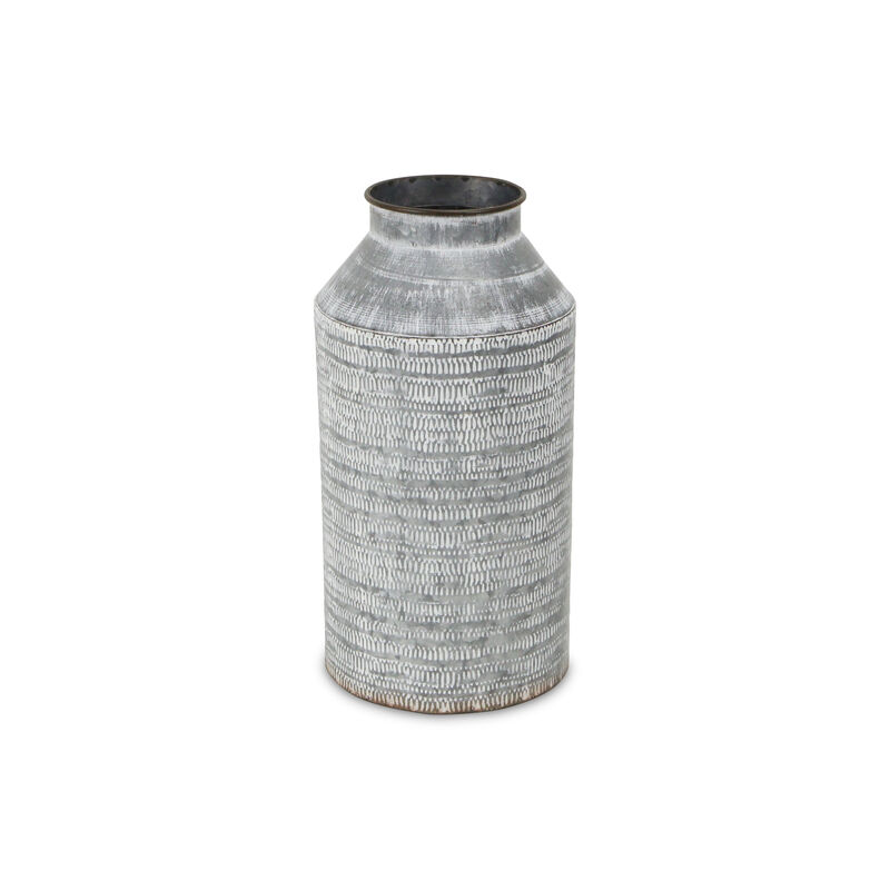 HomeRoots 13" Gray Galvanized Metal Geometric Patterned Jug Vase image number 0