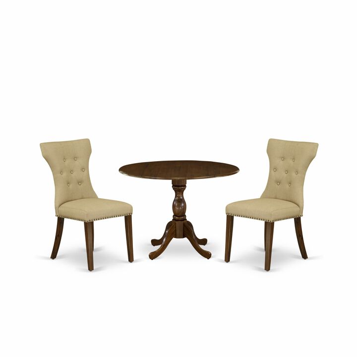 East West Furniture East West Furniture DMGA3-AWA-03 3 Piece Modern Dining Table Set Contains 1 Drop Leaves Dining Table and 2 Brown Linen Fabric Kitchen Chair Button Tufted Back with Nail Heads - Acacia Walnut Finish