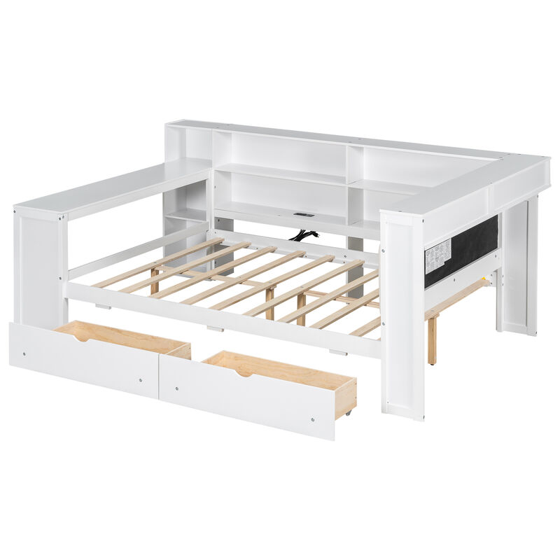 Merax Bed with Storage Shelves, Drawers, Charging Station, LED