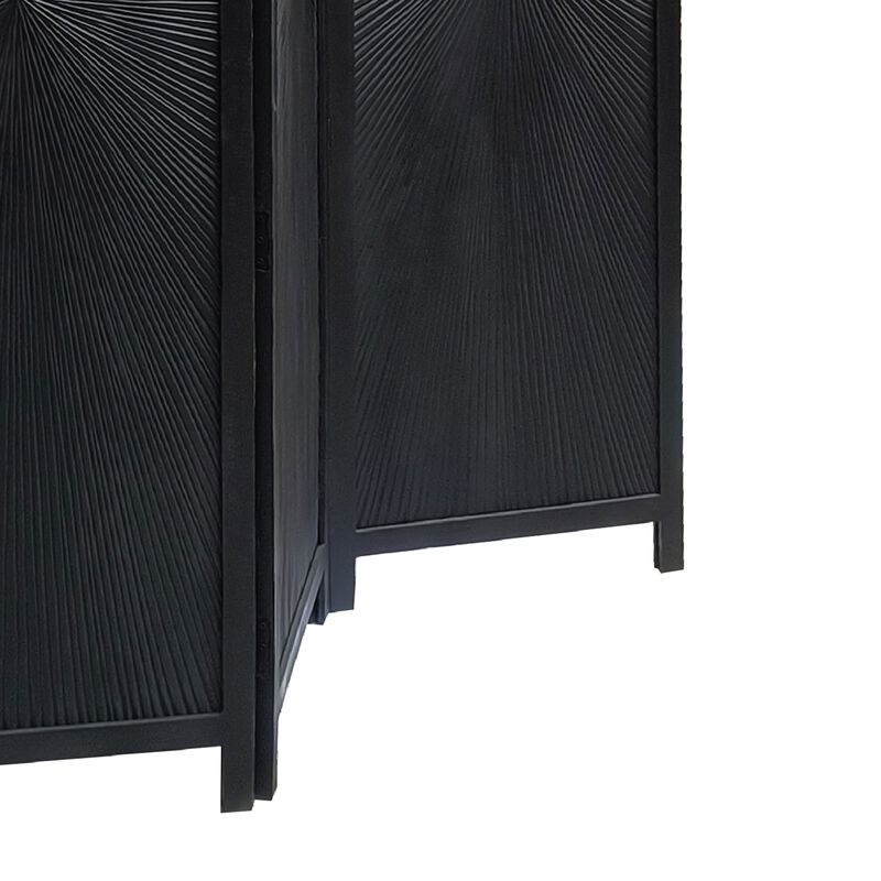 Cava 3 Panel Folding Room Divider Screen, Sunburst Design, Black Mango Wood, 72" H image number 4