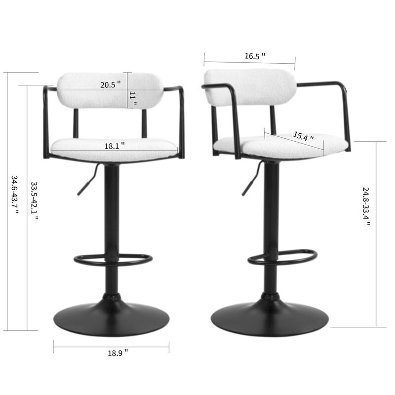 Glamour Home Beige Boucle Fabric Adjustable Swivel Bar Stool Black Iron Arms and Pedestal Leg