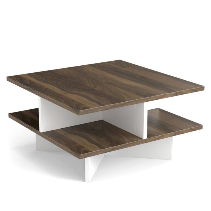 Hivvago 2-Tier Square Coffee Table with 4 Storage Compartments-Walnut