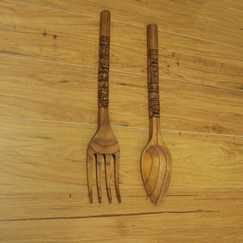 24 Inch Carved Tiki Spoon & Fork Wooden Wall Decor Art Utensil Decoration Set image number 6
