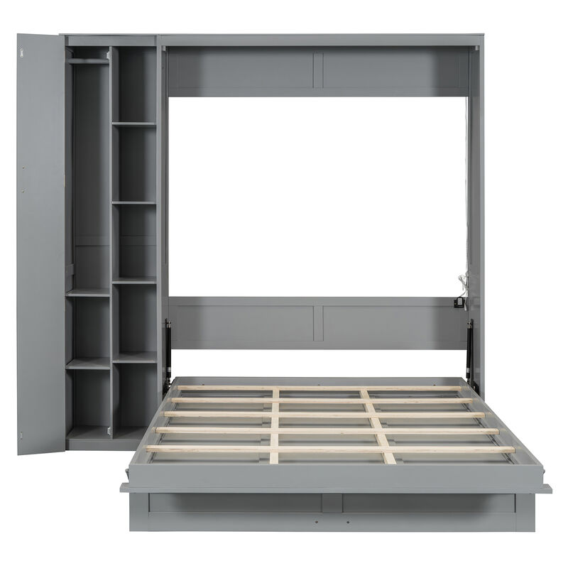 Whisen Modern Design Queen Size Murphy Bed, Folded into a Cabinet with Shelves, Wardrobe and LED Lights