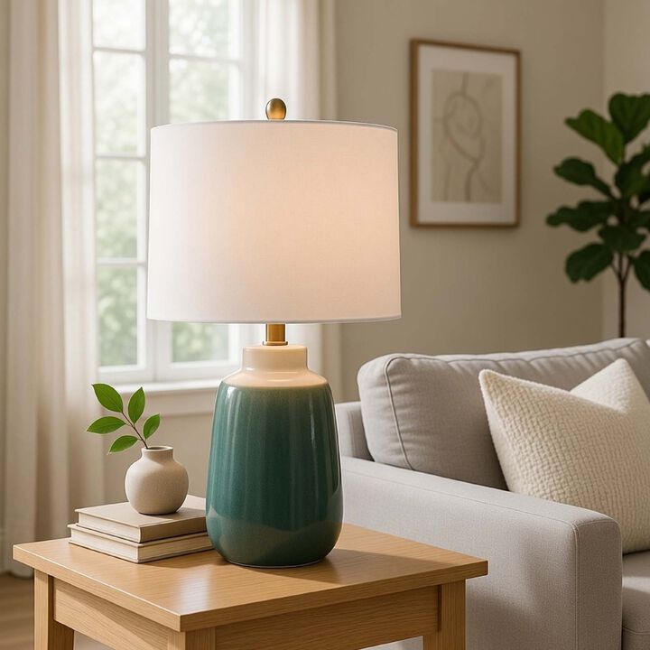 Table Lamp, Jar Body, Hardback Linen Shade, Dipped Garden Green Ceramic