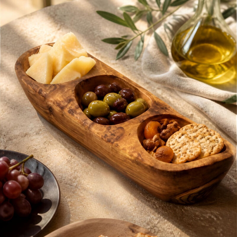 Olive Wood 3-Compartment Serving Tray&ndash;Elongated Centerpiece Dish for Snacks, Olives & Dips image number 5