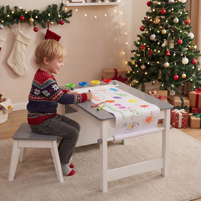 Toddler Activity Art Table with Stool, Paper Roll & 4 Paint Cups &ndash; Grey image number 4