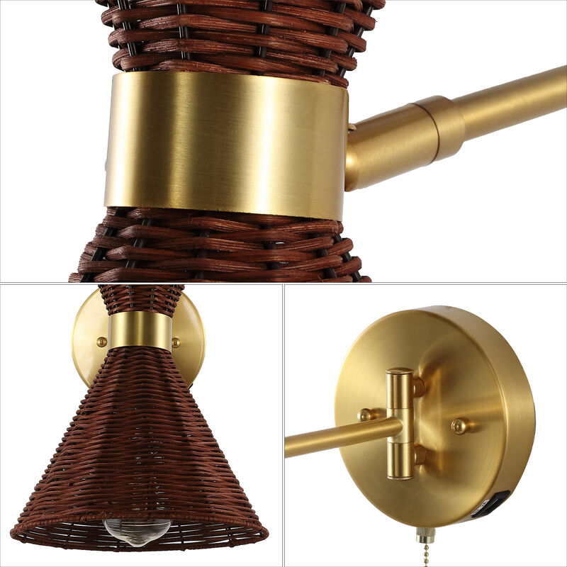 Lily 25" 1-Light Mid-Century Vintage Retro Rattan/Metal USB Charging Swing Arm LED Sconce with Pull Chain, Light Brown/Brass Gold