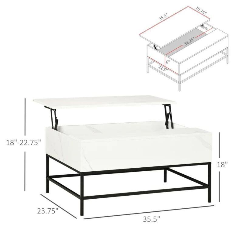 Hivvago Modern White Lift Top Coffee Table w/ Hidden Storage Black Metal Legs