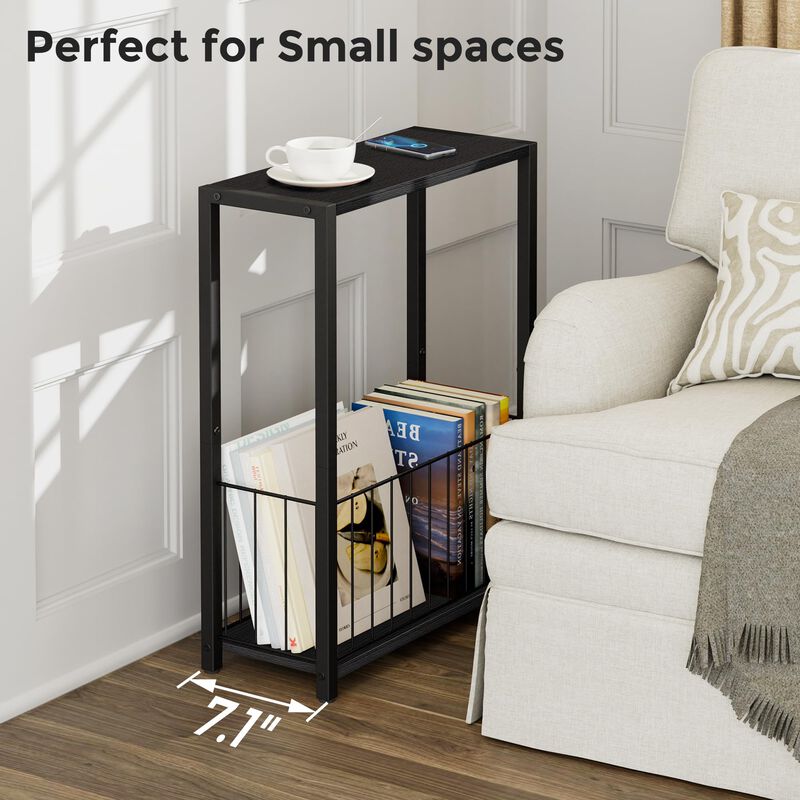Homleke Narrow Side Table with Magazine Holder, Skinny End Table Perfect for Small Spaces, Space-Saving Design for Living Room,