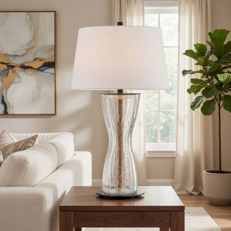 Table Lamp with LED Light, White Shade, 31 Inch Hourglass Glass Base image number 1