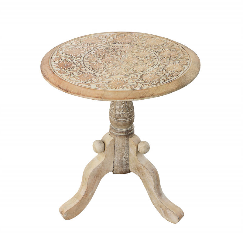 Intricately Carved Round Top Mango Wood Side End Table with Pedestal Base, Brown and White image number 0