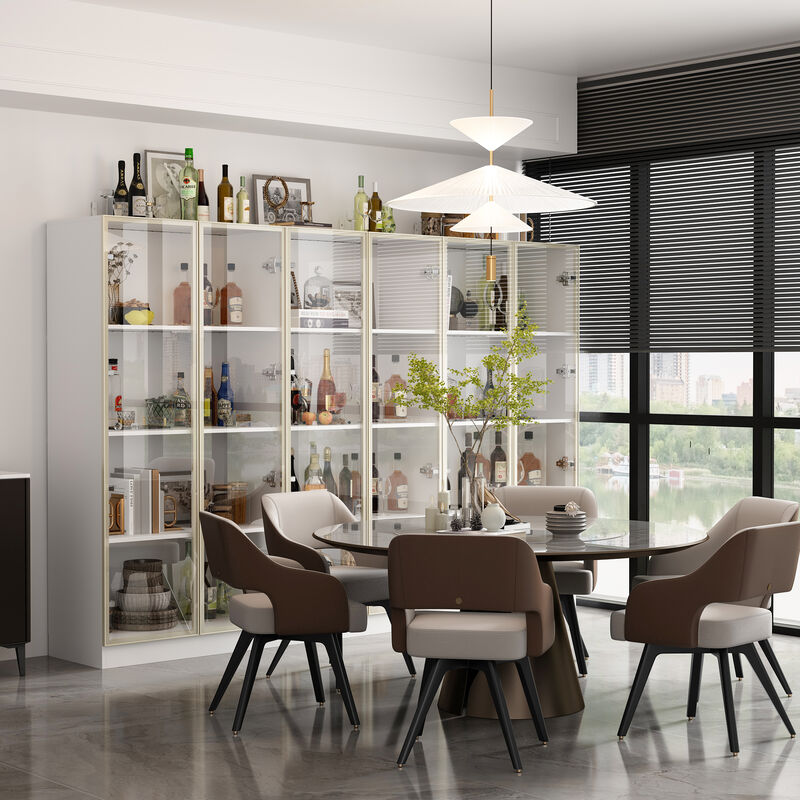 FUFU&GAGA 63 in. Tall White Wood Bookcase Bookshelf With 3-Color LED Lights and Tempered Glass Doors,(94.5" W x 63" H x 15.7" D), White