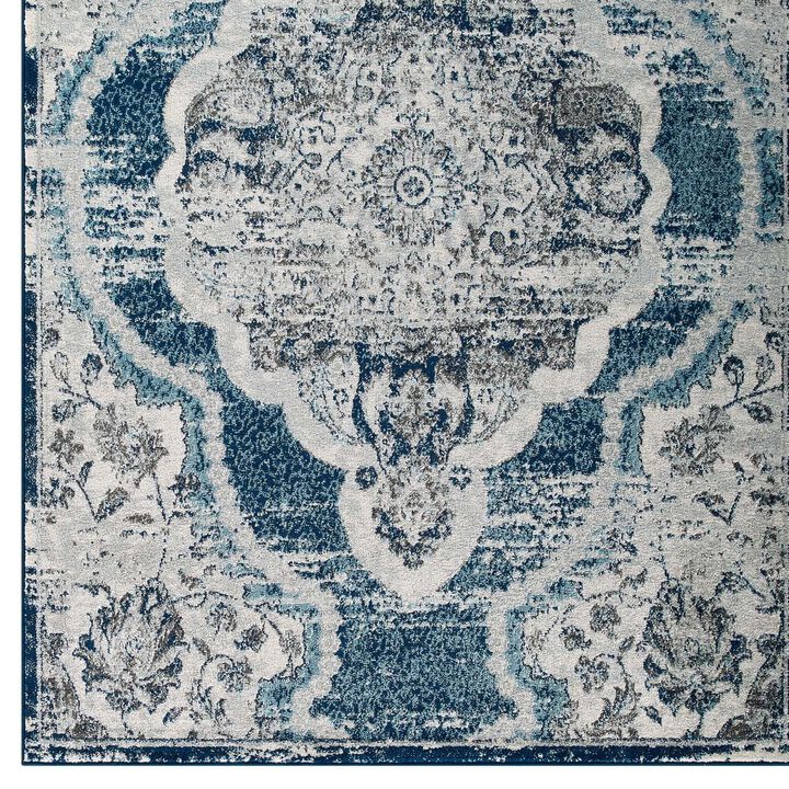 Modway Entourage Malia Distressed Vintage Floral Persian Medallion Area Rug, 5x8, Ivory and Blue