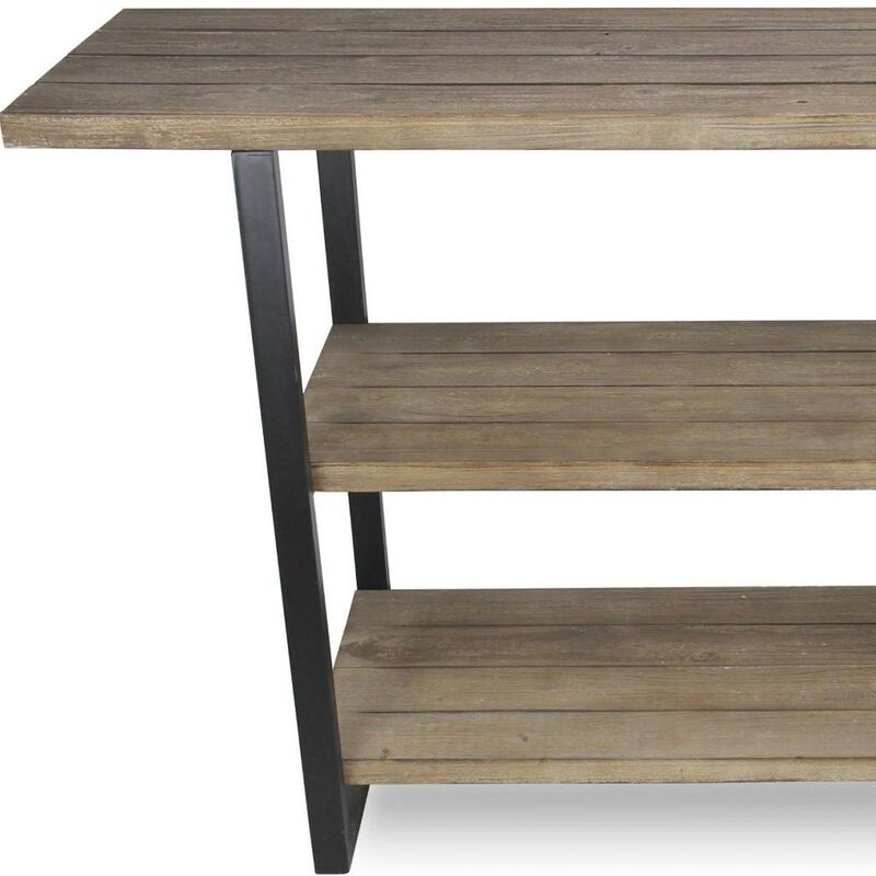 HomeRoots 47" Brown and Black Wood and Metal Distressed Console Table With Two Shelves image number 4