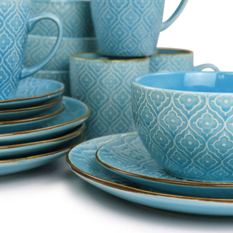 Elama Aqualite 16 Piece Embossed Stoneware Dinnerware Set in Teal