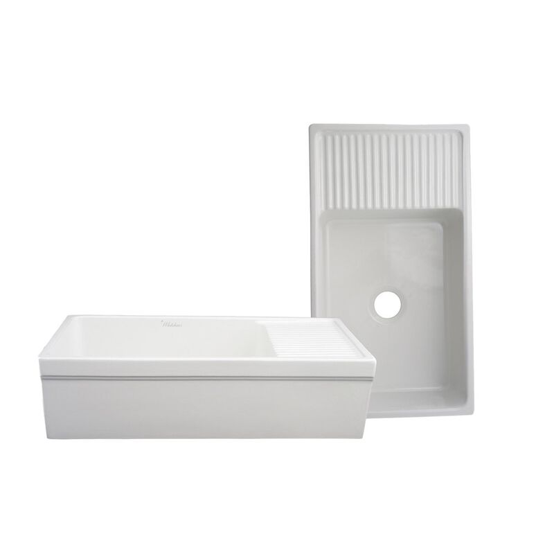 Whitehaus Farmhaus Fireclay Quatro Alcove Large Reversible Sink with Integral Drainboard and Decorative 2 ½ Lip on Both Sides