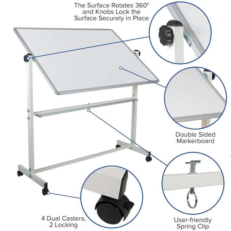 Flash Furniture 53"W x 62.5"H Double-Sided Mobile White Board with Pen Tray image number 1
