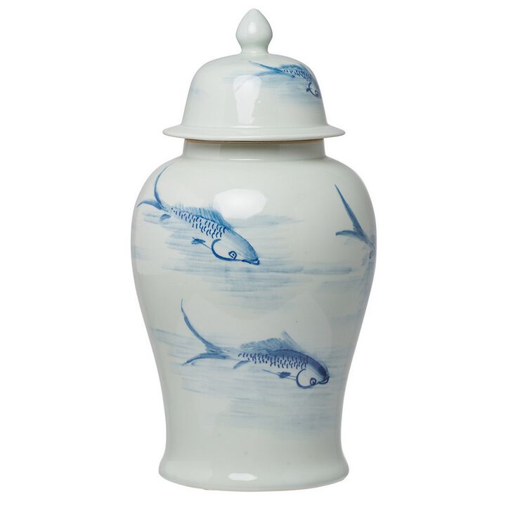 19 Inch Ginger Jar, Lidded, Painted Blue Koi Fish Over White Porcelain-Benzara