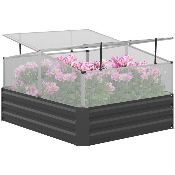 Outsunny Galvanized Raised Garden Bed Kit with Polycarbonate Mini Greenhouse, Metal Planter Box for Outdoor Garden to Grow Vegetables, Herbs & Flowers, 49.6" x 42.1" x 26.6", Dark Gray