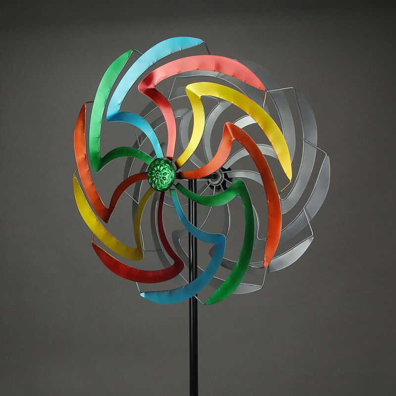 Colorful Anodized Finish Dual Flower Metal Wind Spinner Garden Stake 70 Inches image number 1